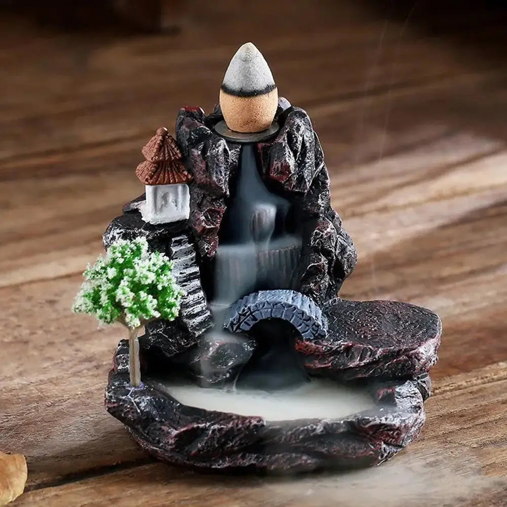 Ceramic Resin Small Village Scene Trees Rocky Mountain Terrain Brown Mill Wheel Realistic Flowing Water Backflow Incense Burner Holders/Colors-Black/Gray/Brown/Green