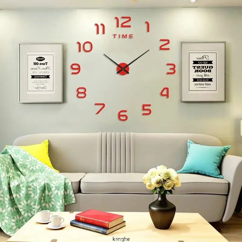Large Frameless Plastic Single Face Acrylic Self-Adhesive 3D Large Numbers-Hands Quartz Wall Clocks/Colors-Silver/Black/Red/Gold