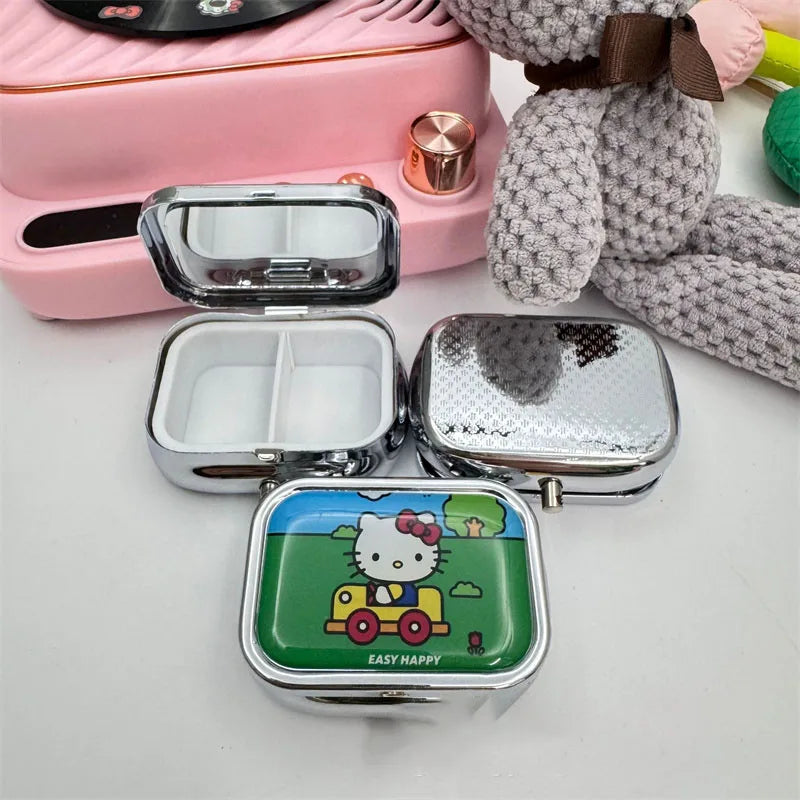 Hello Kitty's Cat Portable Square HD Mirrored Mini Sealed Cute Cartoon Girl Heart 2 Sub-Pockets Jewelry Box