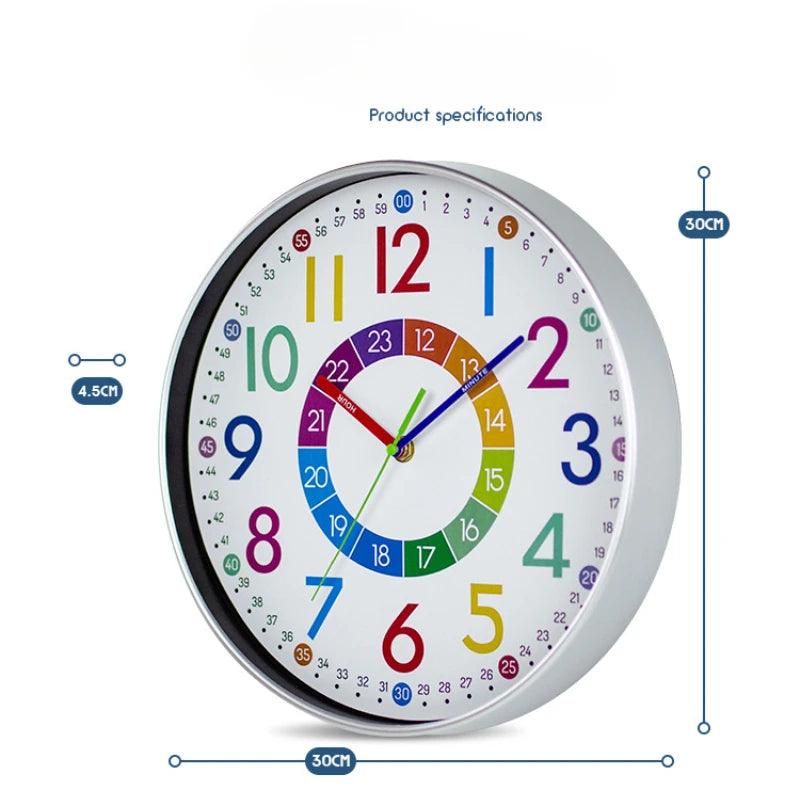 12 Inch Colorful Early Childhood Education Mute Wall Clocks/Punch-Free Battery Electronic Power