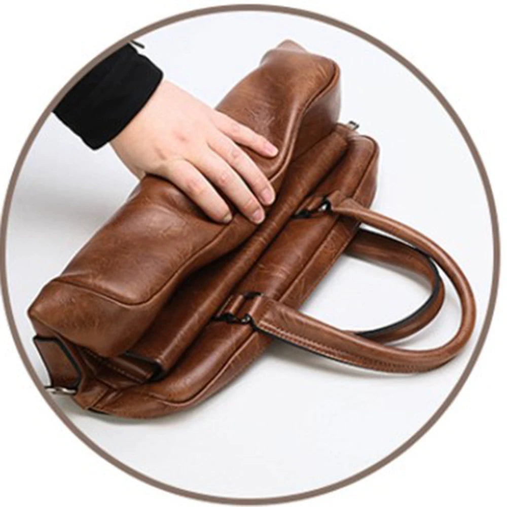 Men Waterproof Split Leather Zipper Briefcase Polyester Bags/Handles/ Shoulder Straps/Fits 14 Inch Laptop/Adjustable-Removable Strap/Single-Laptop Compartments/External Pockets/Colors-Black/Brown