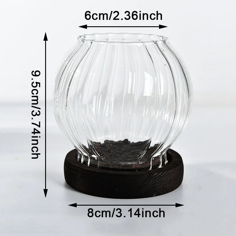 No-EN-Name-Null Modern Windproof Round Clear Transparent Glass Shades Round Brown-Black Wood Base Tealight Candle Holders