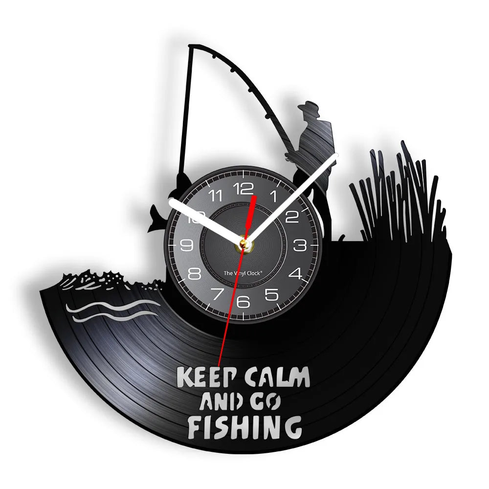 Retro Handmade Plastic Vinyl Record Gone Fishing Silhouette Of Fisherman Catching A Fish With Rod-N-Reel Wall Clocks/Battery Not Included/ 1 AA Battery Size/With-Without LED Light/Colors-Black/Geometric