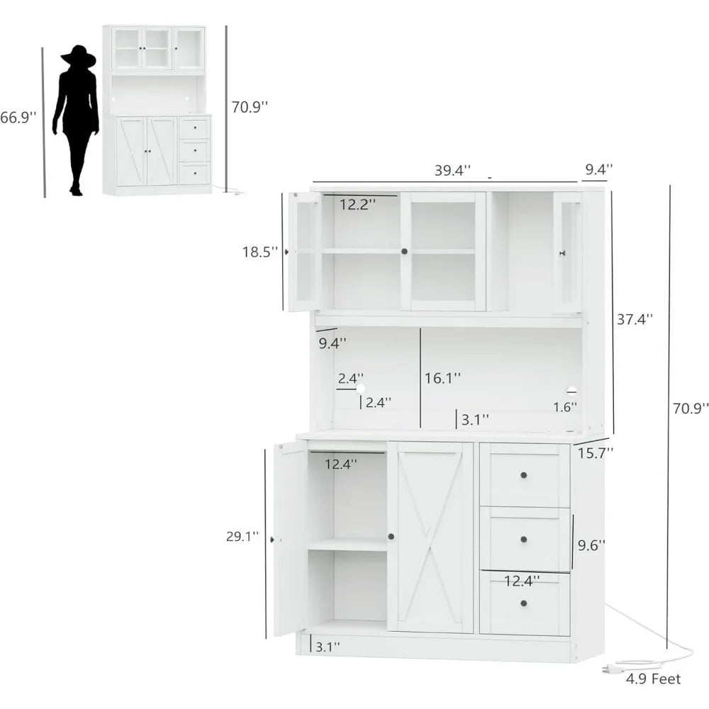 Wood Farmhouse Style Kitchen Cabinet Hutch /Countertop / Anti-Tip Device /Charging Station/3 Metal Rail Drawers/ 5 Cabinets-3 Glass Doors/2 Wood Doors/Size: 15.7"D x 39.4"W x 70.9"H/Colors-White/Black/Beige