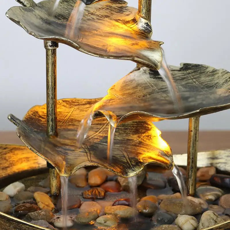Modern Small LED Lights Metal Flowing 4-Tiers Realistic Lotus Leaf Ultra-Deep Boat Shape Open Basin Pebble Circulating Soothing Desktop Fountains/USB Power Cord/Colors-Bronze/Gold/Silver/Brown