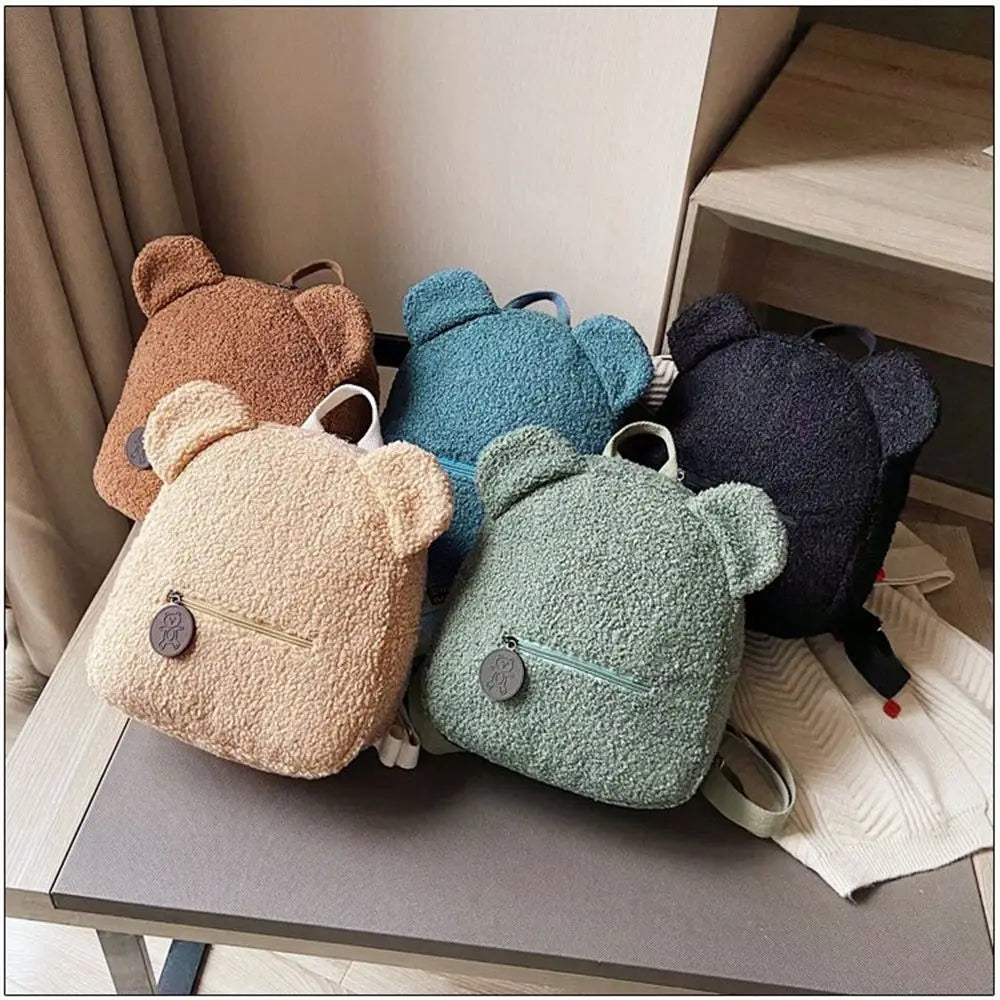 Women/Teen Girls Mini Lamb Fleece Cartoon Cute Bear Winter Backpacks/ Polyester/Backpack Straps/Adjustable Shoulder Straps/Small Handle/Colors-Khaki/Brown/Green/Black/Blue