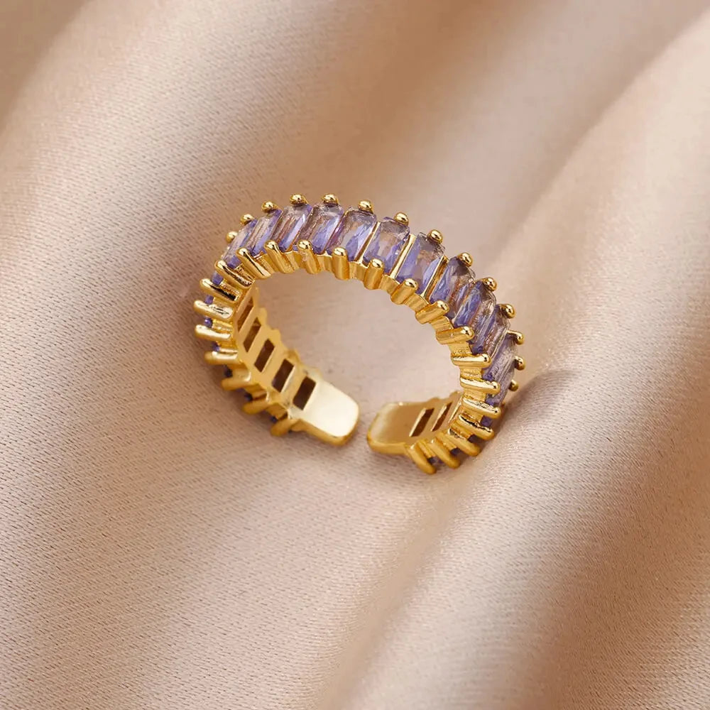 Colorful Square Zircon Anti-Acid-Alkali Stainless Steel Imitation Gold Mood Tracker Crystal Open Finger Rings/Colors-Geometric/Multicolor/Gold/Green/Red