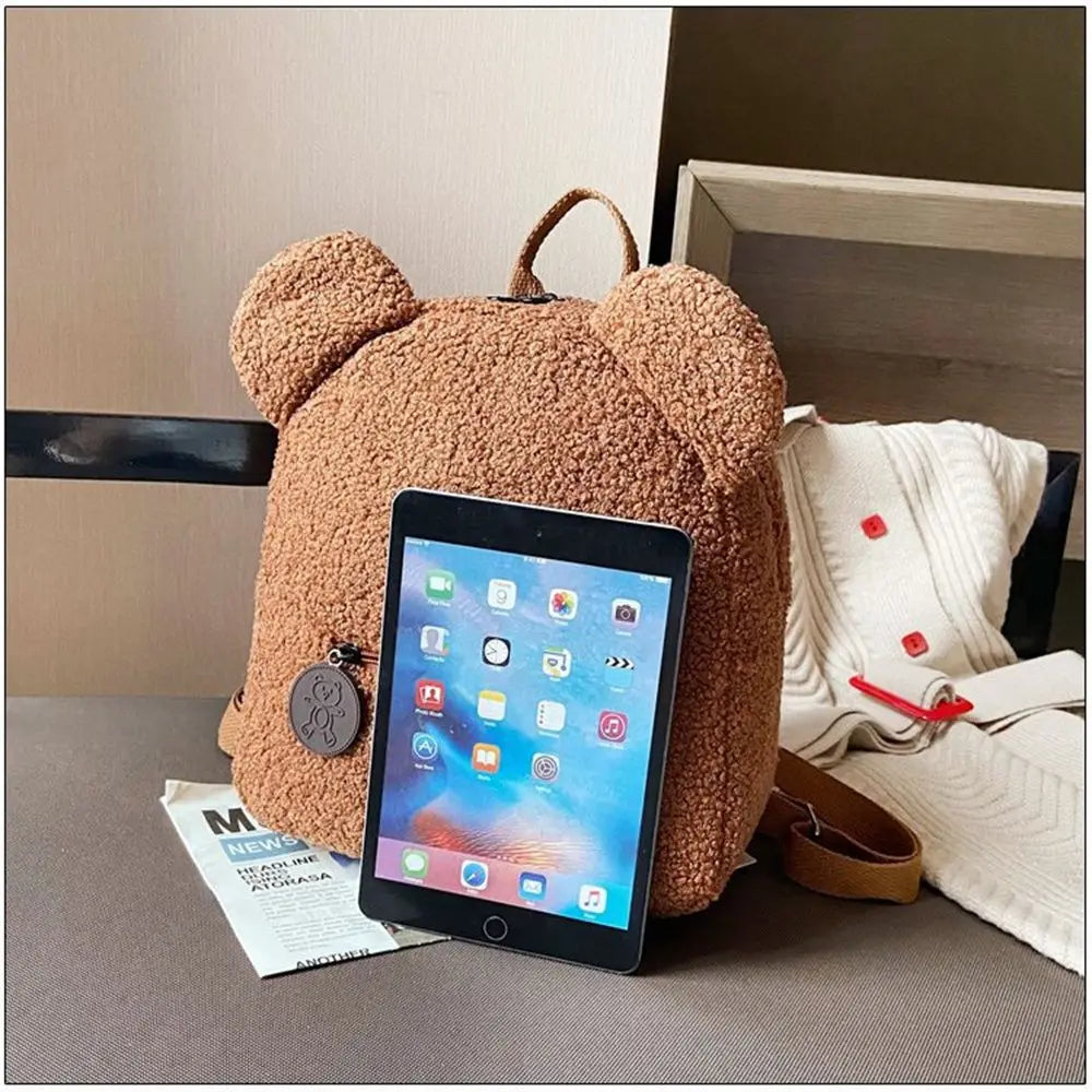 Women/Teen Girls Mini Lamb Fleece Cartoon Cute Bear Winter Backpacks/ Polyester/Backpack Straps/Adjustable Shoulder Straps/Small Handle/Colors-Khaki/Brown/Green/Black/Blue