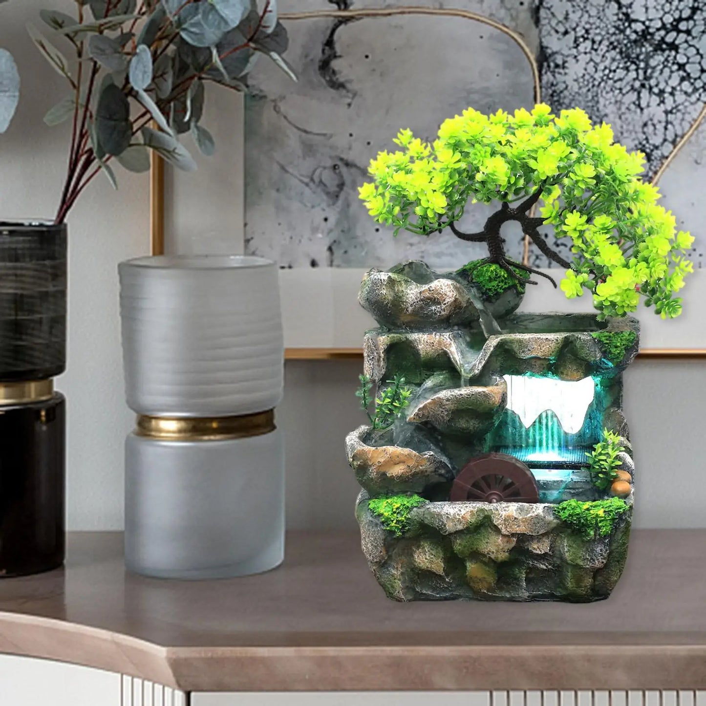 Indoor LED Lights Resin Green Bonsai Tree Rocky Mountain Landscape Brown Wheel Flowing Waterfall Tabletop Fountains/Built-In Automatic Pump