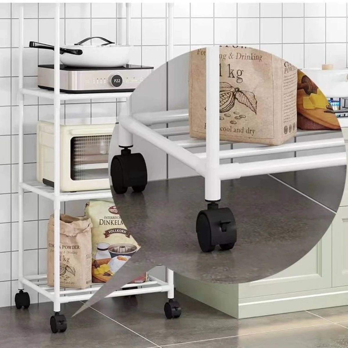 Small Kitchen Storage Cart w/ Wheels/Colors-White/Black