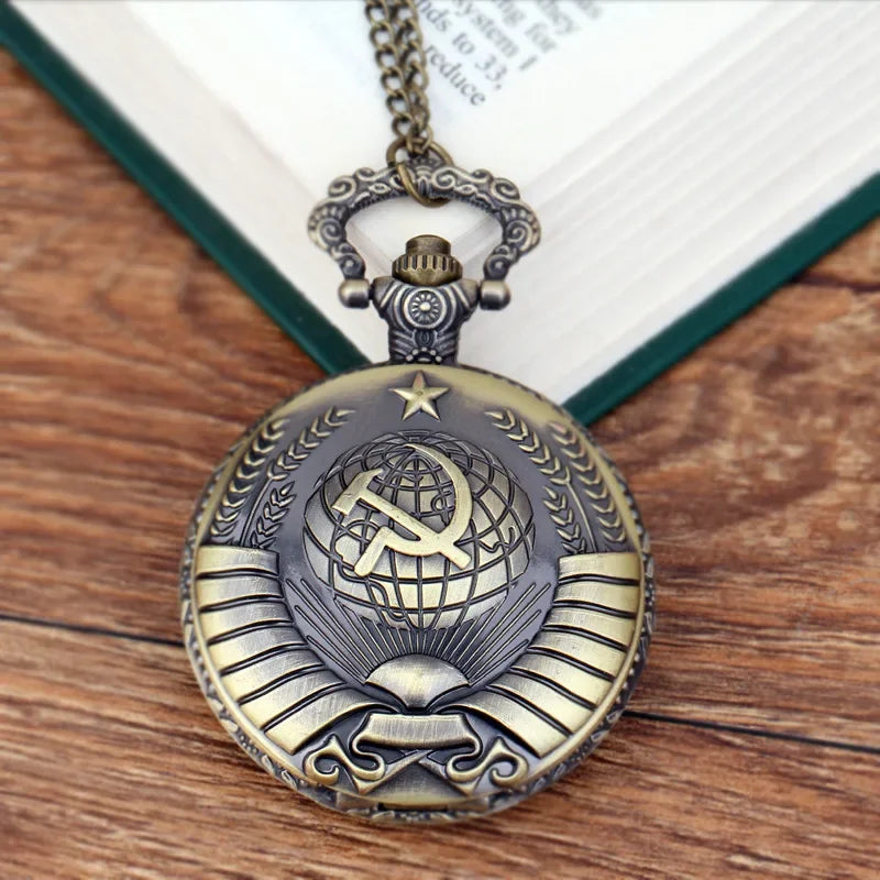 Unisex Antique Quartz Plastic Mirrored Round Acrylic Dial Digital Display USSR Soviet Badges Sickle Hammer Bronze Metal Pocket Watch-Bronze Pendant Chain