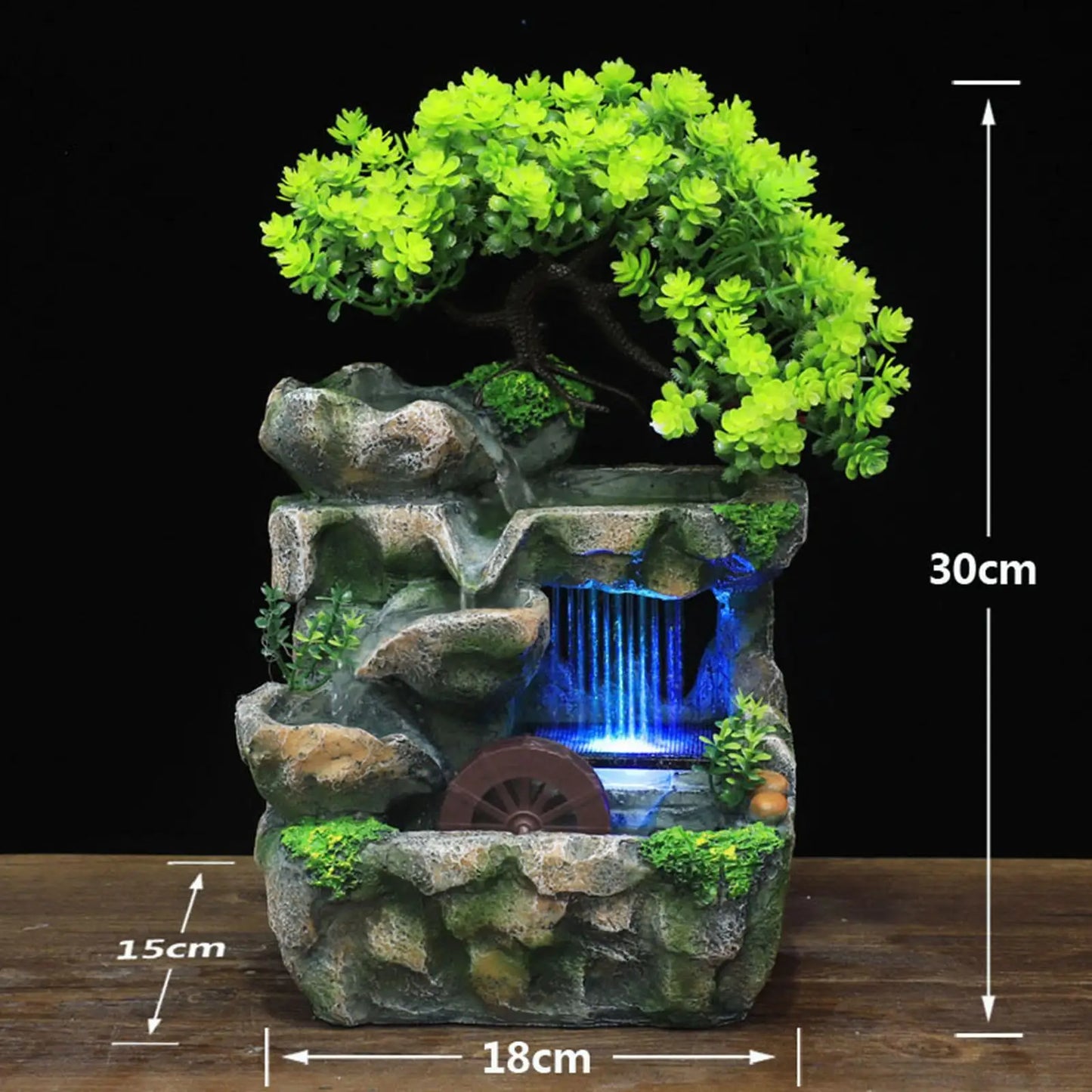 Indoor LED Lights Resin Green Bonsai Tree Rocky Mountain Landscape Brown Wheel Flowing Waterfall Tabletop Fountains/Built-In Automatic Pump
