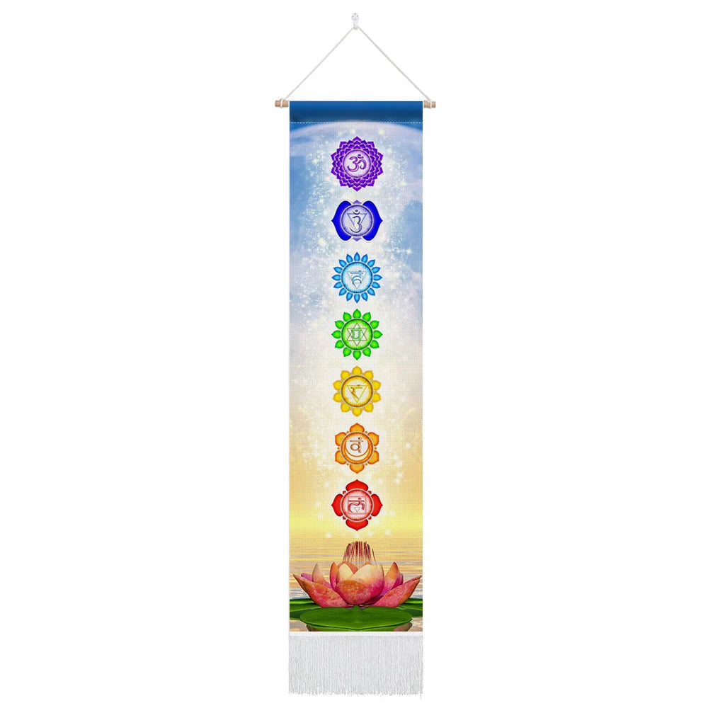Unisex Rectangle Knitted Cotton-Polyester Blend Printed Soft Fabric 4 Colorful Geometric Chakras Themes Intricated Design Fringed Spiritual Meditation Wall Hanging Tapestries