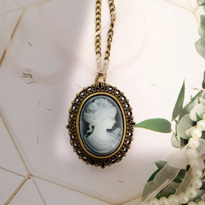 Women Waterproof Quartz Analog Display Vintage Oval Carved Women Hair-Face-Shoulder Cameo Pocket Watch-Chain/Colors-Green/Brown/Yellow