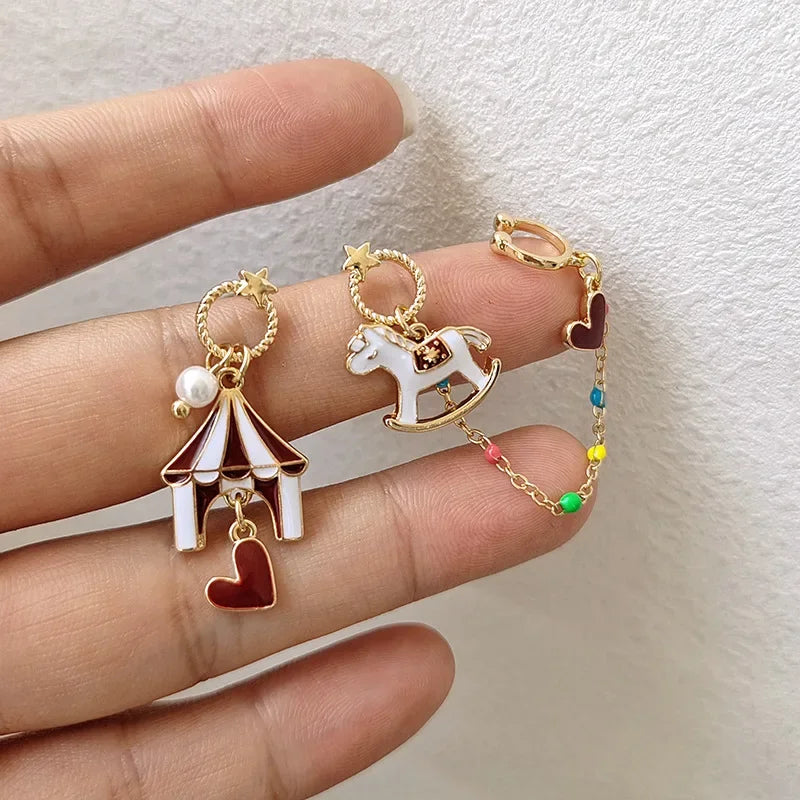 Women-Teen Girls Metal Long Tassel Asymmetrical Enamel Needle Cute Cartoon Cats Coffee-Teacup Dangle Drop Fine Imitation Earrings/Colors-Green/Multicolor/Geometric/Animals