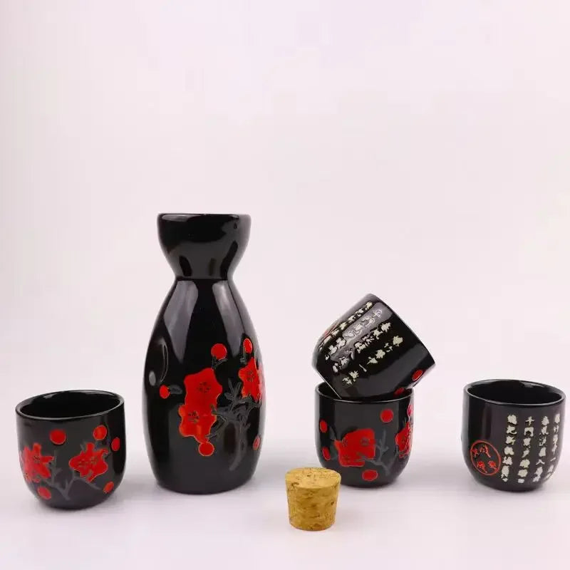 5pcs/set Ceramic Sake Pot Cups Set Flagon Liquor Cup Spirits Cups Set Japanese Bar Wine Set Flower Text Pattern Creative Gifts