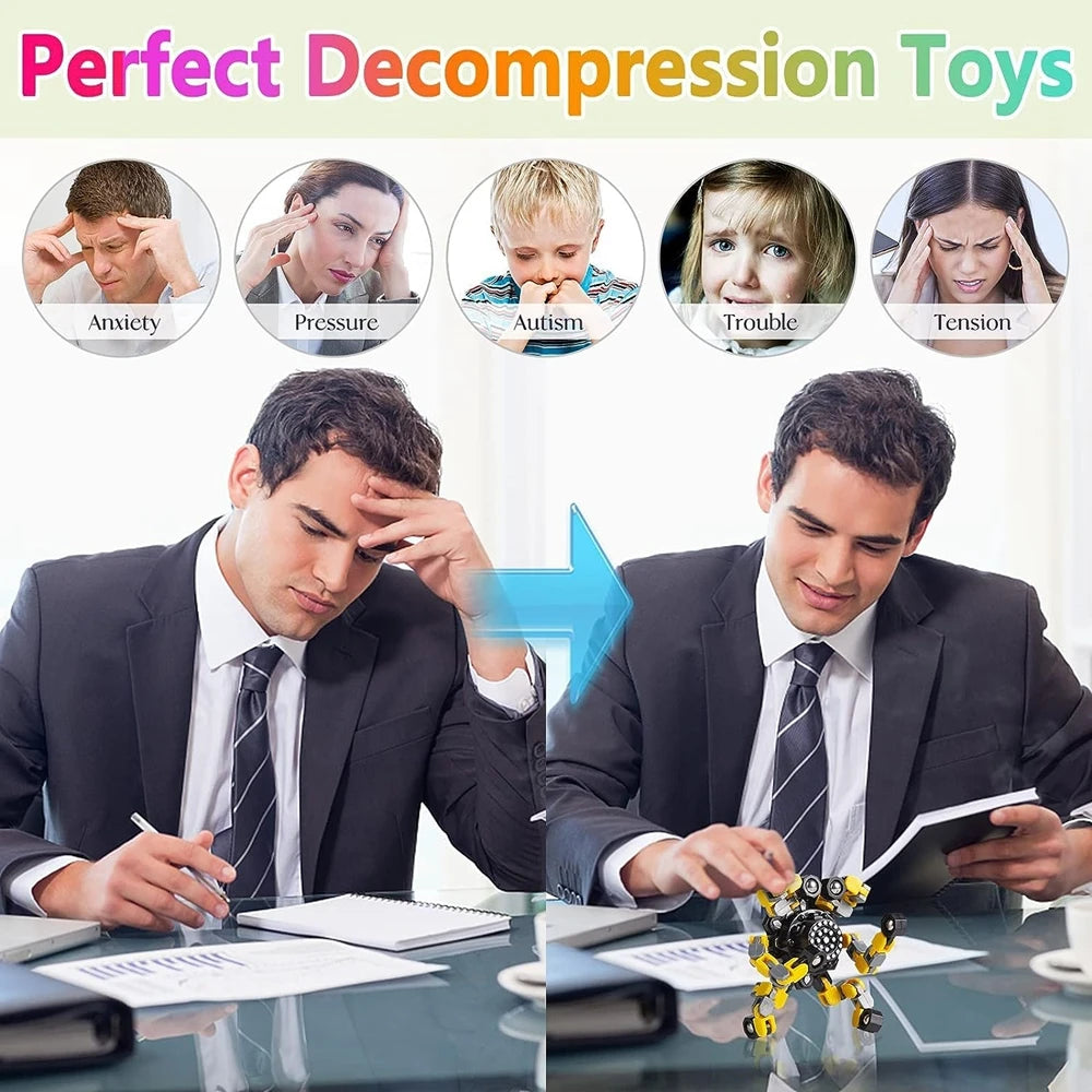 4 PCS ABS Plastic Transformable Twistable Robot Fidget Spinners Anxiety-Stress Relief Sensory Toys/Ages: 13-18 Years Old Adults/Colors-Red/Yellow/Black/Multicolor/