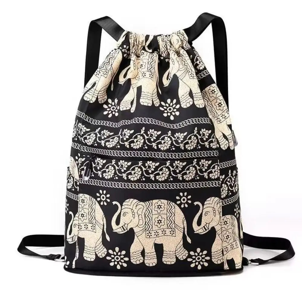 Large Foldable Oxford Cloth Polyester Lightweight Dry-Wet Separation Sports Drawstring Backpacks/External Pockets/Back Straps-Handle/Colors-Black/Animal/Multicolor