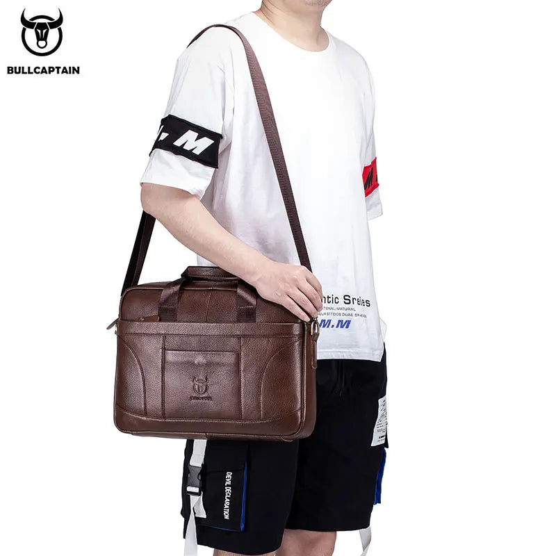 BULLCAPTAIN Cow Leather Shoulder Zipper Briefcase Bags/External Slit Pockets//14 inch Laptop Compartment /Detachable Handle/Straps/Colors-Black/Brown