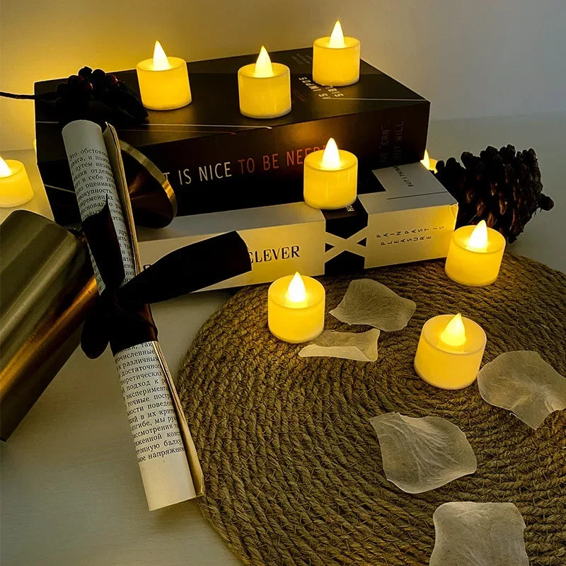 White 12-24-48 PCS Set Small Tealight Plastic Round Flameless LED Electronic Glowing Pillar Candles/Battery Included