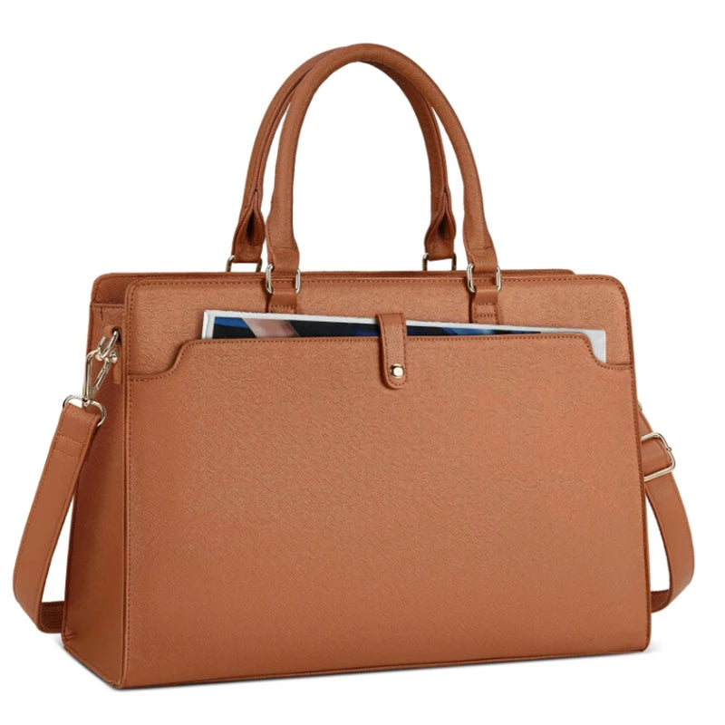 Large Women Waterproof Wear-Resistant Faux Leather Briefcase Bags/Polyester Lining / Well Padded Laptop-Tablet Compartments/ Middle Zipper/For 15.6 Inch Laptop-Tablet /Colors-Black/Pink/Brown