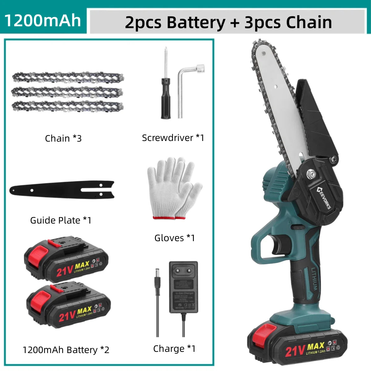 GEEVORKS Outdoor Home DIY Plastic Green-Black Body 6 Inch Handheld Mini Cordless Lithium Battery-Powered Rechargeable Brushed Motor 21V Electric Portable Wood Cutting Adjustable Tension Pruning Metal Chainsaws/Colors-Green/Black/Gray/Red/