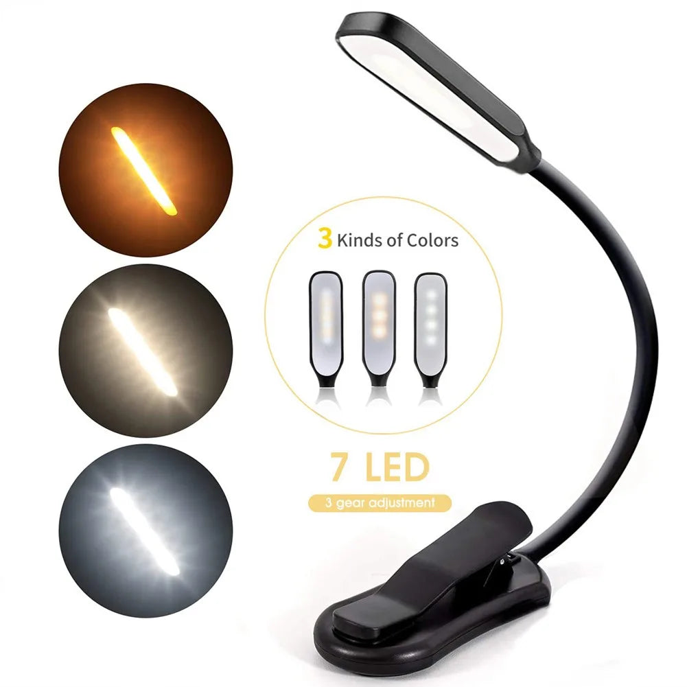 Plastic Anti-Blue Light 7 LED Book Light Micro USB Rechargeable Port 3-Level Warm-Cool-Daylight Portable Flexible Easy Clip-On Reading Lamps/Built-In Rechargeable Lithium Battery/Colors-Black/White