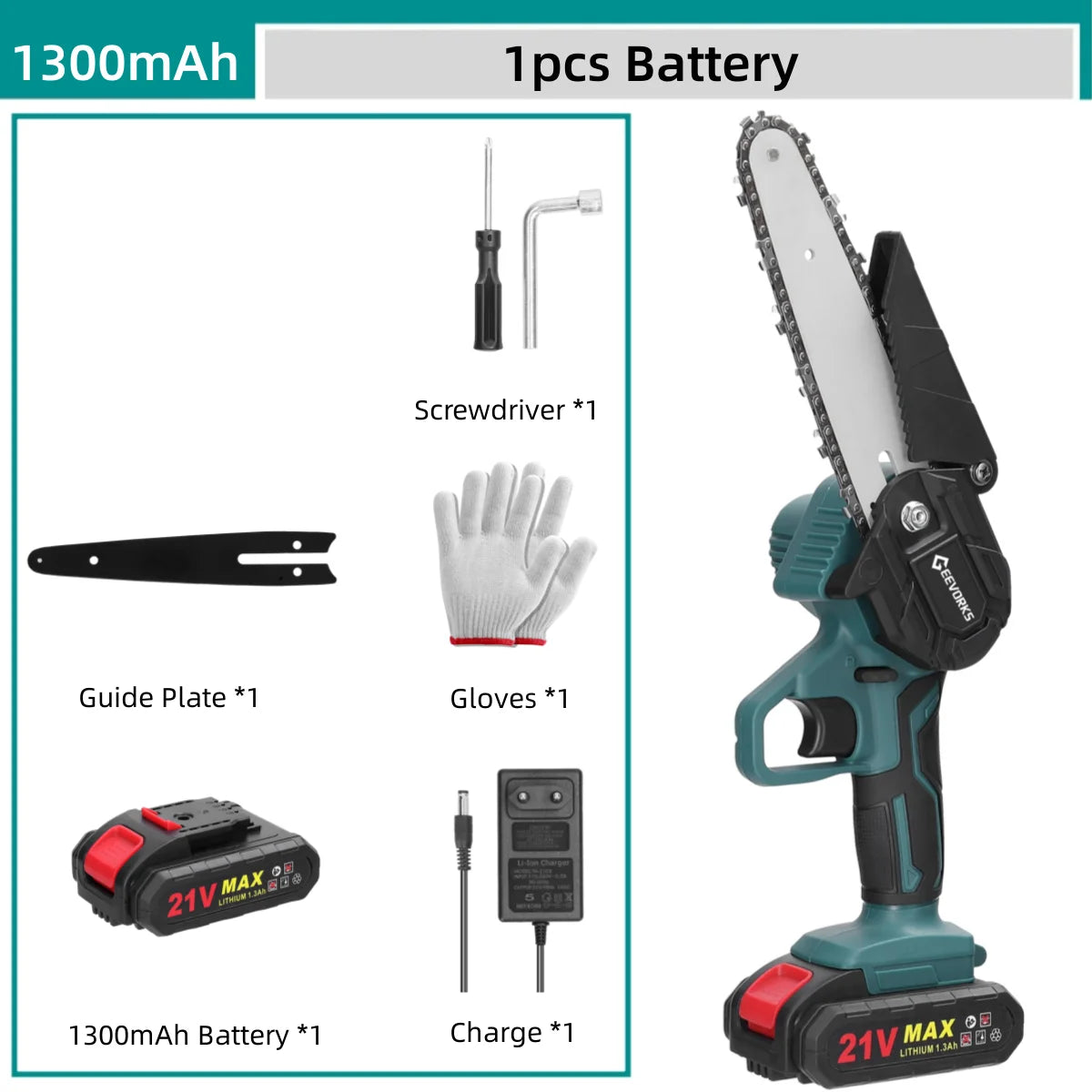 GEEVORKS Outdoor Home DIY Plastic Green-Black Body 6 Inch Handheld Mini Cordless Lithium Battery-Powered Rechargeable Brushed Motor 21V Electric Portable Wood Cutting Adjustable Tension Pruning Metal Chainsaws/Colors-Green/Black/Gray/Red/