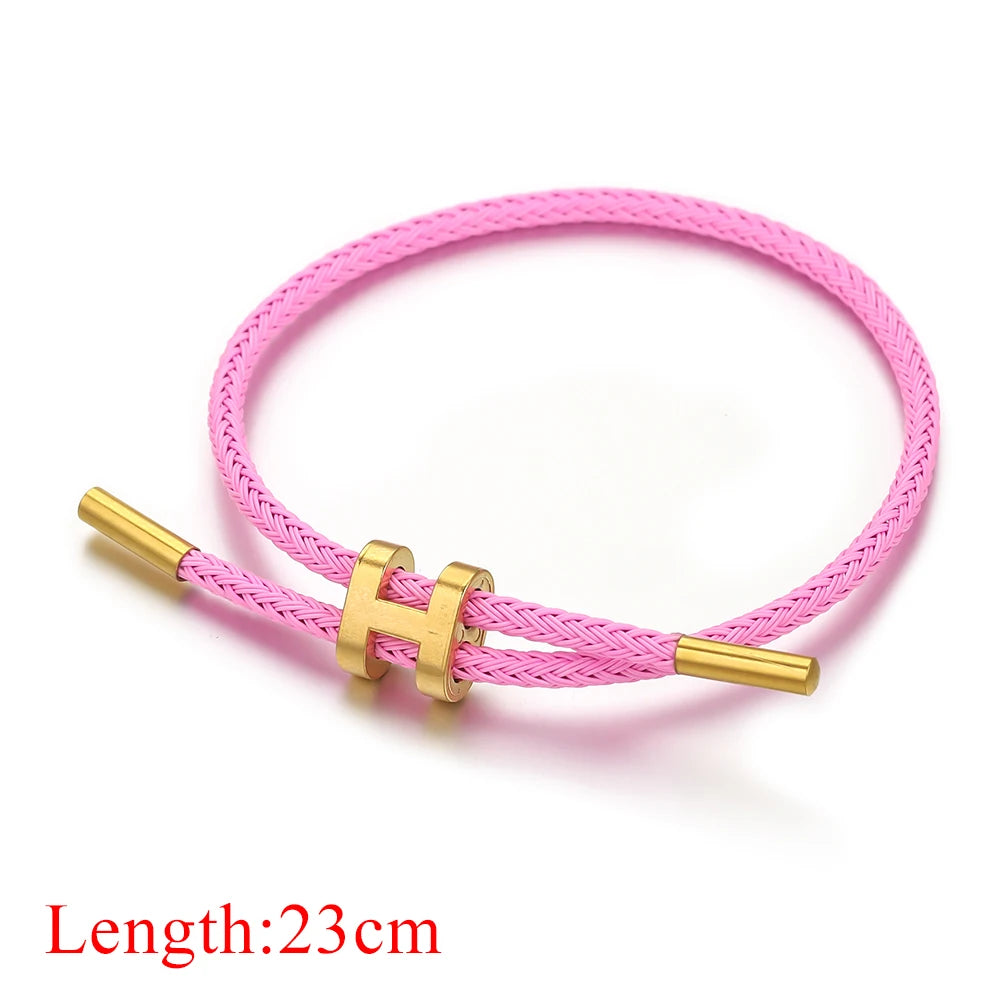 Unisex Round Stainless Steel Adjustable Braided Wire Rope Charm Vacuum Plated 18k Gold Toggle-Clasps Bracelets/Colors-Blue/Pink/Green/Red/Geometric