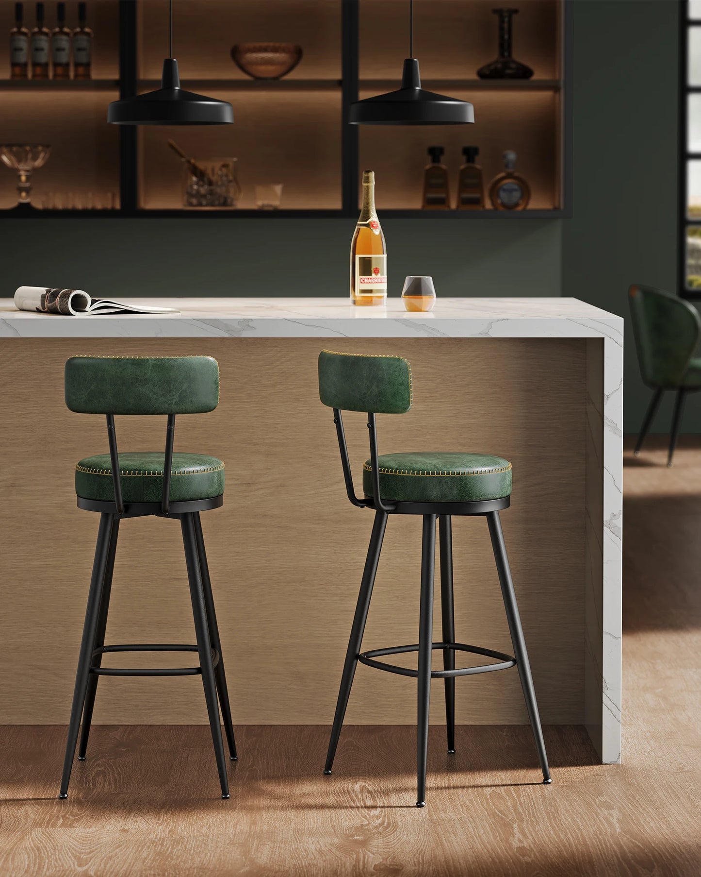 2 pcs VASAGLE Upholstered PU Leather Cushion Steel Frame Base Backless Bar Chairs/Colors-Green/Black/Brown