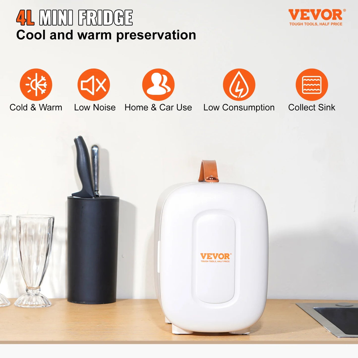 Vevor Mini White Portable Cold-Warm Mode Aluminum Lining Fridges/4-6 -12oz Cans/Only 4.08 lbs/ USB Power Cord