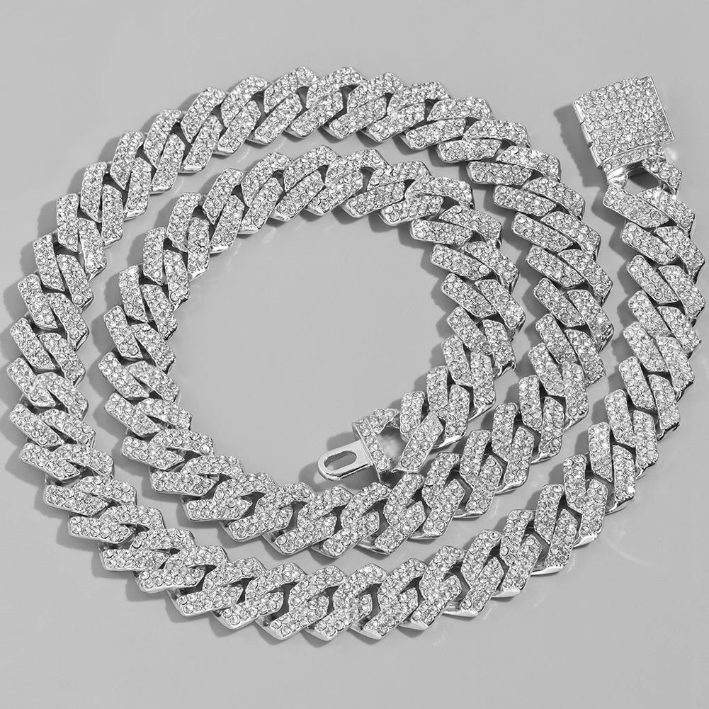 Women-Teen Girls Gold-Silver Metal Iced Prong Chunky Cuban Chain Link Geometric Shape Shiny White Rhinestones Imitation Punk Necklaces