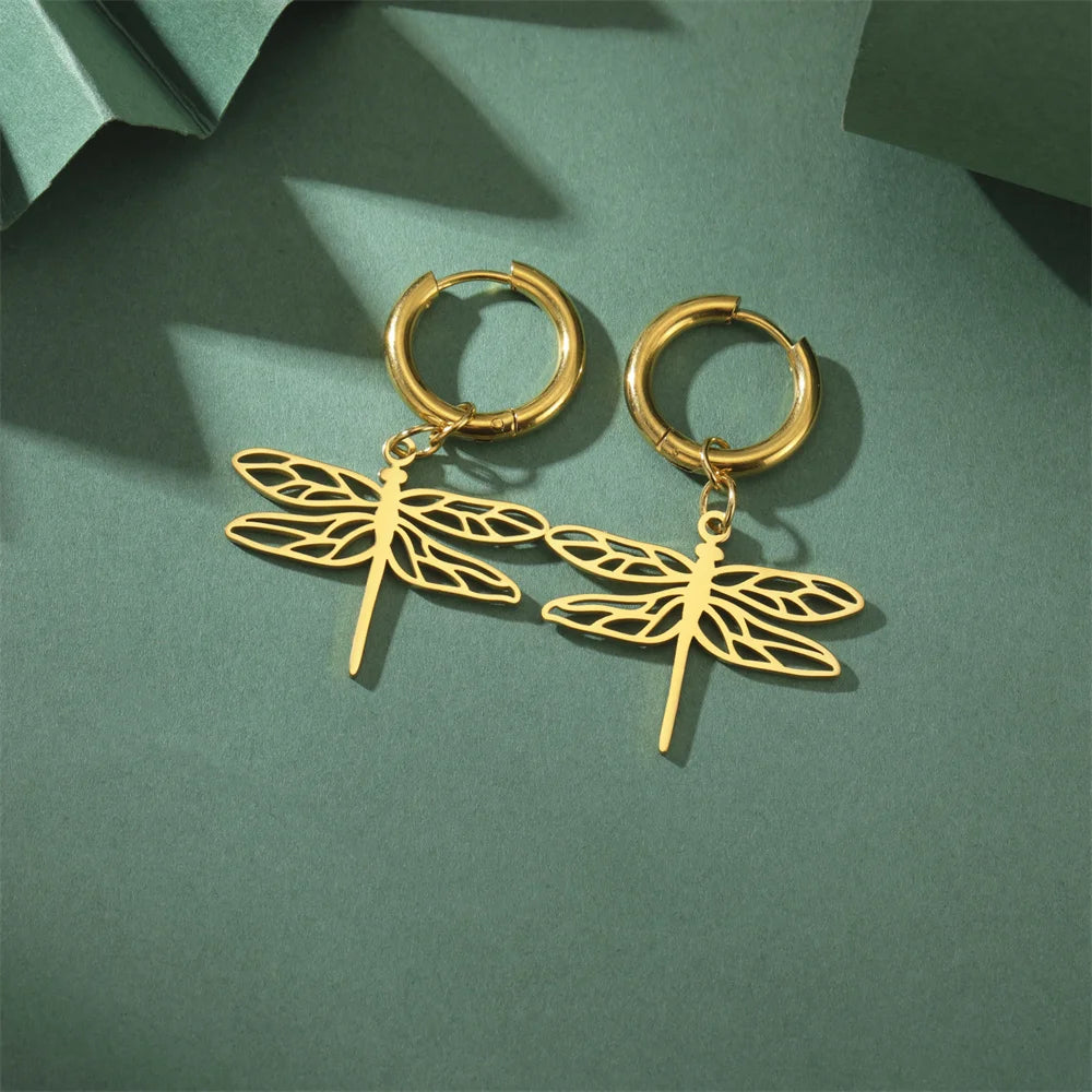 My Shape Dragonfly Earrings for Women Girls Gold Color Stainless Steel Dangle Earrings Hoop Earrings Insect Fashion Jewelry Gift