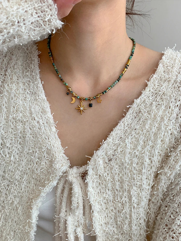 Peri's Box Adult Women Imitation Vintage Green Natural Stone Beaded Pendant Half Moon-Sun-Star Gold-Colored Metal Charm Necklaces/Colors-Gold/Green/Multicolor/Geometric