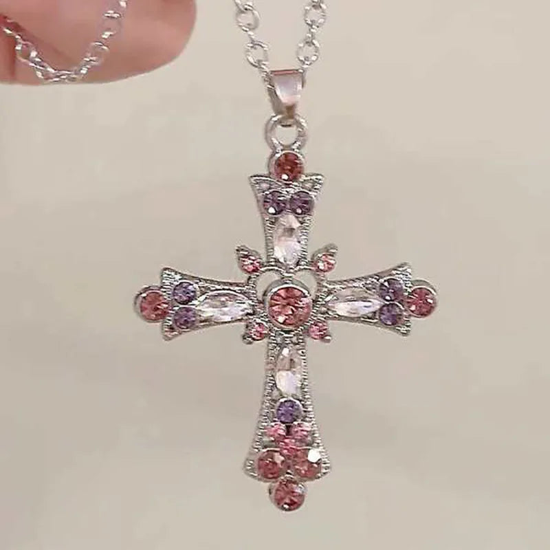 Women Imitation Cross Chain-Link Pendent Colorful Zircon Stone Necklaces/Colors-Multicolor/ Silver