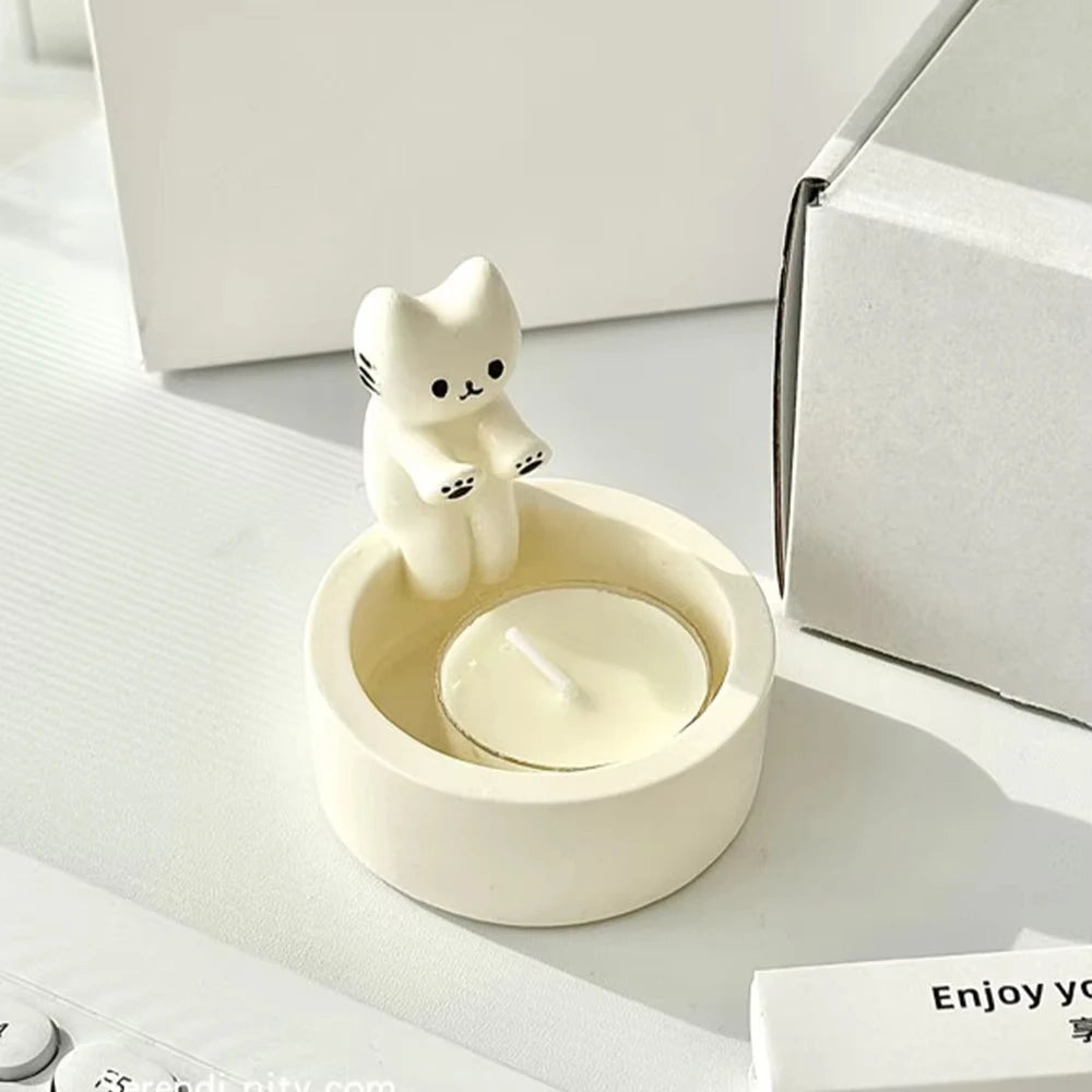 White Creative Cute Resin Cartoon Cat Sitting Down On Edge Of Candleholders