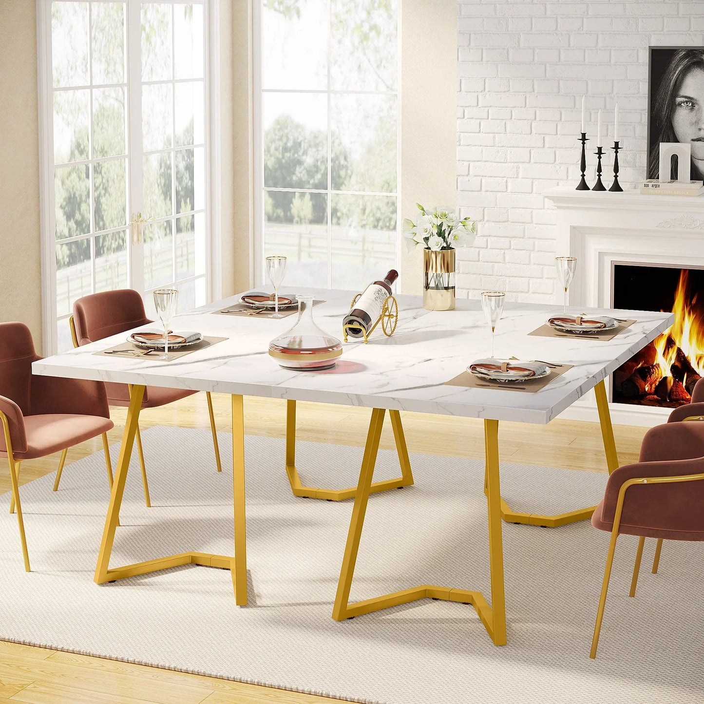 Tribesigns Waterproof Scratch-Resistant Rectangle Modern Dining Table Faux White Marble Table Top w/ Metal Golden Legs/Size: 31.49"D x 55.11"W x 29.52"H