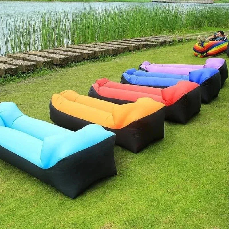 Outdoor Waterproof Inflatable Banana Shaped Oxford Cloth Polyester Fabric Lazy Pillow Air Sofa /Size: 200 x 240x 70cm/Weight Limit 400 kg (881 lbs)/Colors-Blue/Black/Brown/Beige/Gray/Geometric/Green/Multicolor
