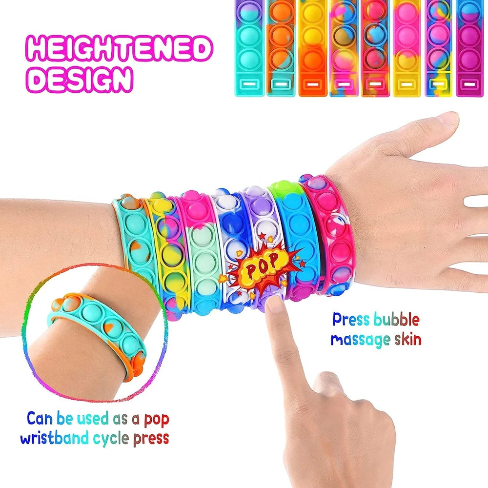 12 PCS Set Plastic Silicone Multicolor Bubble Push-To-Pop Fidget Stress Reliever Bracelets/Ages: 13-18 + Years Older