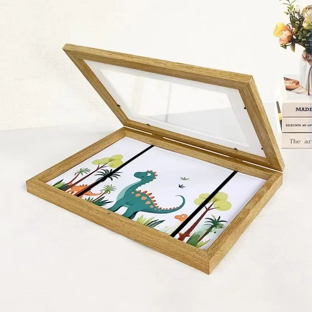 Kids Rectangle Wood Trim Acrylic Cover Artwork Display Magnetic Closure Picture Frames/Elastic Band/Colors-White/Black/Brown/Green/Pink