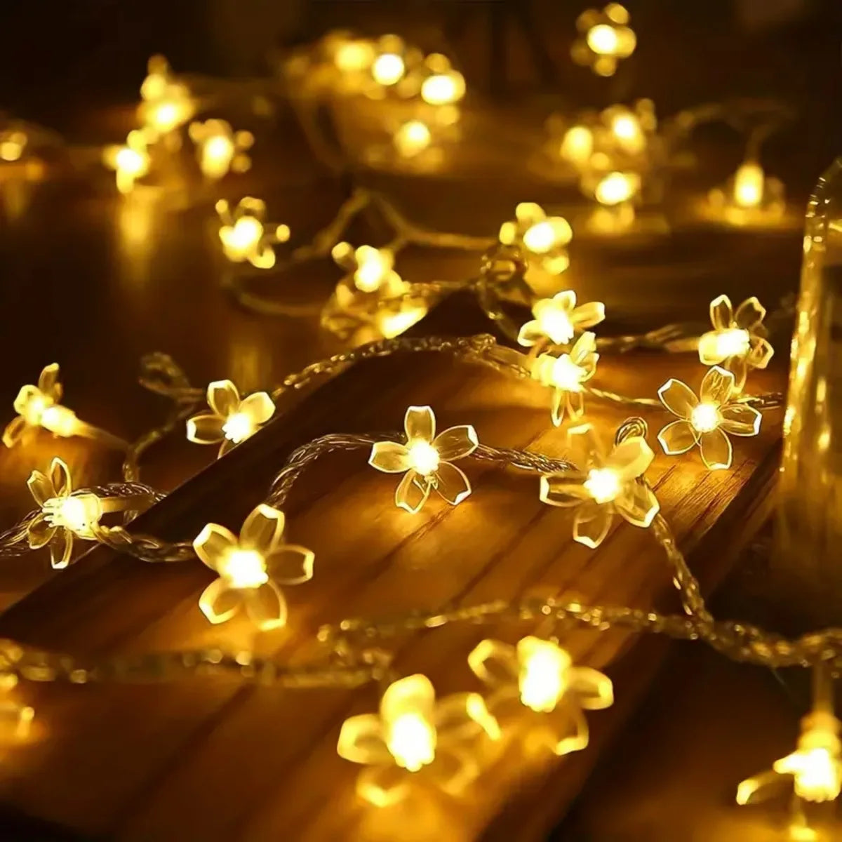 PEACH FOREST Indoor-Outdoor Cool-Warm White LED Light Pink Cherry Blossom Floral Design Dry Battery-Powered Garland Clear Transparent Light Rope-String Lights