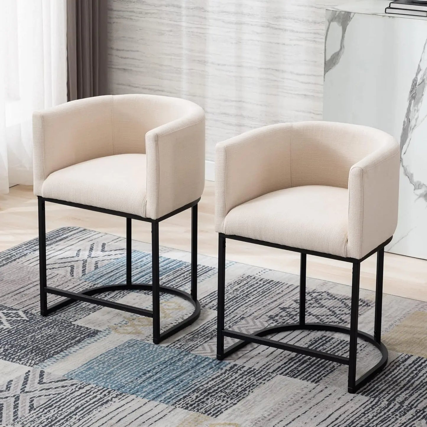 3 pcs Beige Modern Kitchen Steel Frame Base Linen Upholstered Low Curved Back Bar Stools/400 lbs Weight Capacity