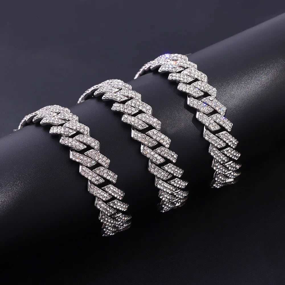 Women-Teen Girls Gold-Silver Metal Iced Prong Chunky Cuban Chain Link Geometric Shape Shiny White Rhinestones Imitation Punk Necklaces