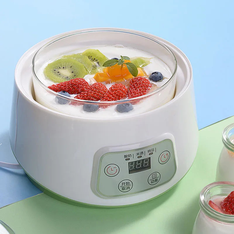 Borosilicate Glass Low-High Non-Adjustable Temperature PTC Heating Element Automatic Power-Off Yogurt Maker Machines/ 3-1 Functions: Yogurt-Natto-Rice Wine/Colors-Clear/White/Power: 20 Watts-220 Voltage