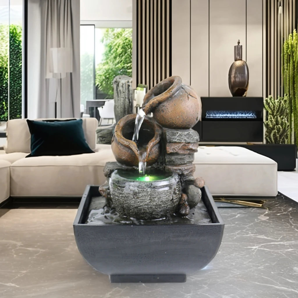 3 Tier Indoor LED Lights Resin Brown-Gray Clay Pots Flowing Water Rocks Black Square Bowl Tabletop Fountains/Colors-Multicolor/ 1-Water Pump Plug