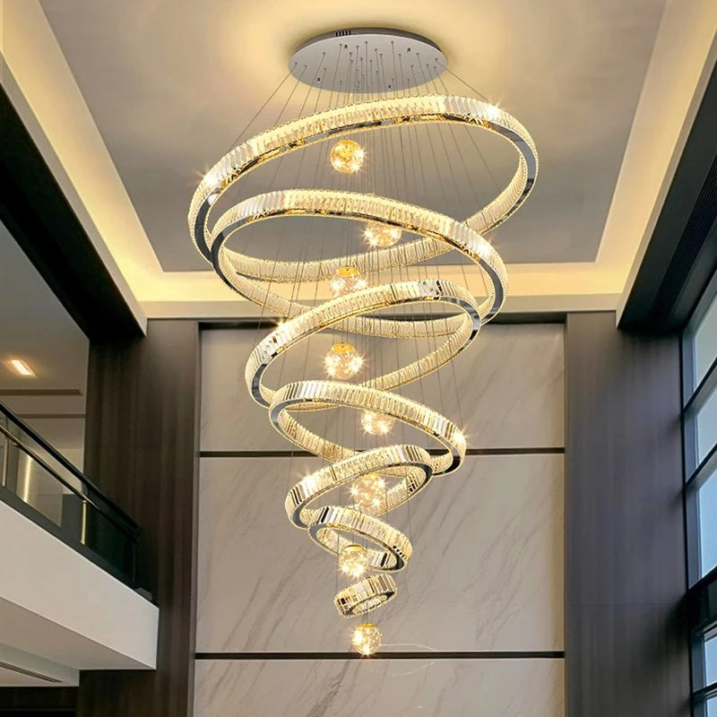 Modern Stainless Steel LED Warm Cool Twisted Ring Cord Pendant Hanging Crystal Chandelier Ceiling Lights/Dimming Remote Control/Touch On-Off/Colors-Gold/Silver