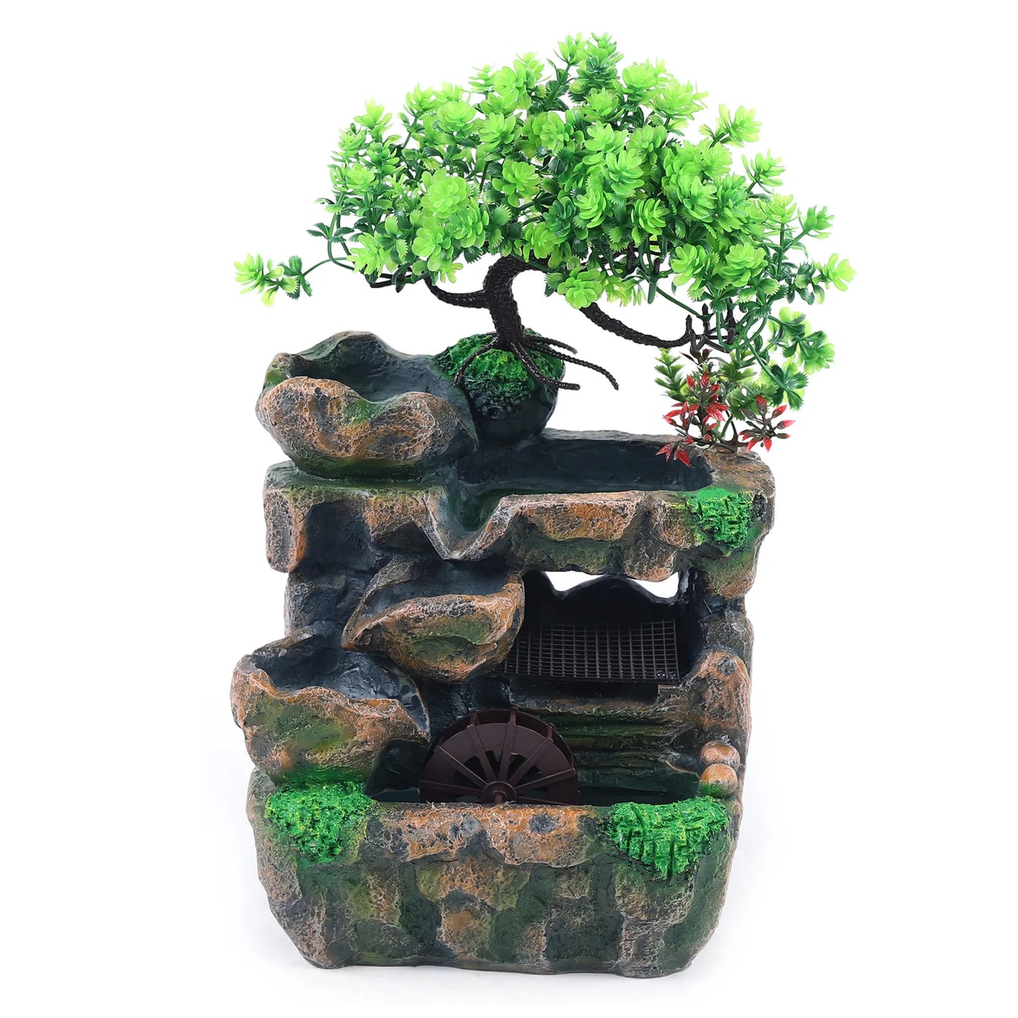 Indoor LED Lights Resin Green Bonsai Tree Gray Rocky Mountain Landscape Brown Wheel Flowing Waterfall Fountains