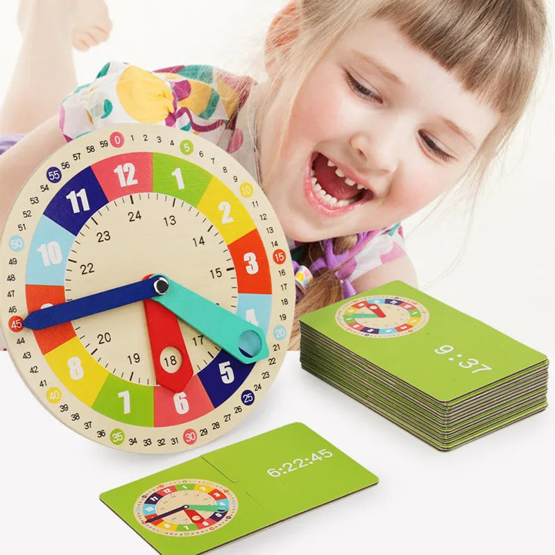 Teachers Educational Multicolor Wood-Paper Wall Clock Model/ Wood Stand /Games/15 Double-Sided Cards/Minute-Second-Hours Hands/Back Support-Magnet/Ages: 3 Years And Older