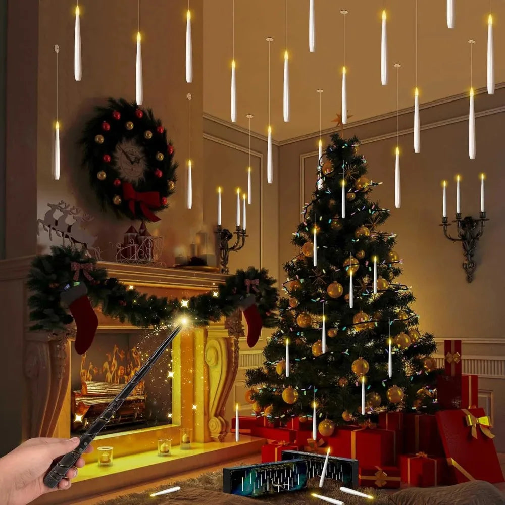 10-12 PCS Plastic LED White Cylindrical Magic Wand Remote Control Floating Flameless Candles/20m Fishing Line/10-12 Hooks/1 AA batteries (not included)/1 AAA battery (not included)