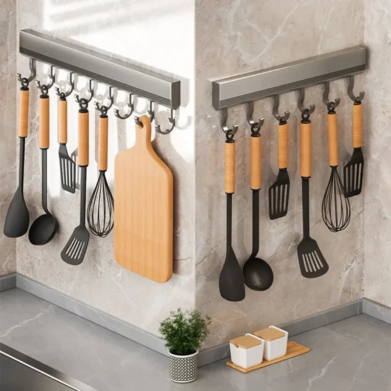 Kitchen Wall Mounted Sliver Gray Aluminum 4-10 Adjustable Inserted Rubber Rings Hooks Utensil Utility Racks/ Use Super Glue-Only Suitable For Smooth Non-Porous Surfaces